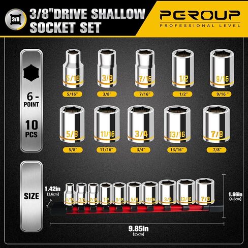 10 PCS 3/8-Inch Drive Shallow Socket Set, Standard SAE, 5/16"- 7/8", 6 Point, Embossed and Painted Marking, Mirror Chrome Finish,Cr-V Steel With Rail in Saudi Arabia