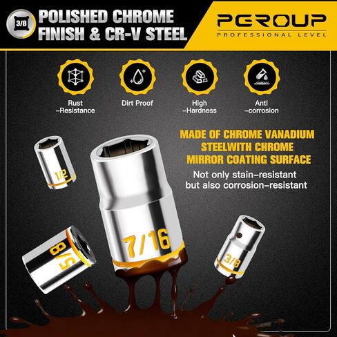 10 PCS 3/8-Inch Drive Shallow Socket Set, Standard SAE, 5/16"- 7/8", 6 Point, Embossed and Painted Marking, Mirror Chrome Finish,Cr-V Steel With Rail in Saudi Arabia