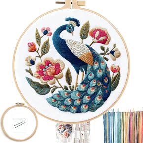 FONNUY Flower Peacock Embroidery Kit for Beginners, Cross Stitch Kits for Adults, Handmade Crafts with Printed Pattern Set, Color Thread Needlework, 8'' Hoop (Dignified Peacock) in Saudi Arabia