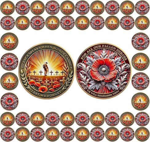 BHealthLife Fallen Heroes Military Challenge Coins for Memorial Day - Lest We Forget Poppy Commemorative Coins - Bulk Memorial Coins Gifts for Veterans Family in Kuwait