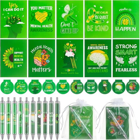 Eaasty 30 Sets Mental Health Awareness Month Gifts, 120 Pcs Green Ribbon Bulk Kit with Notebooks, Pens, Bookmarks & Bags for Employee Wellness, Community Events & Support Groups in Kuwait