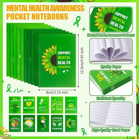 Eaasty 30 Sets Mental Health Awareness Month Gifts, 120 Pcs Green Ribbon Bulk Kit with Notebooks, Pens, Bookmarks & Bags for Employee Wellness, Community Events & Support Groups in Kuwait