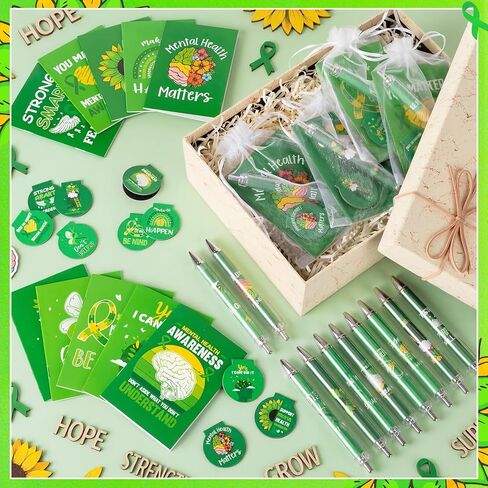 Eaasty 30 Sets Mental Health Awareness Month Gifts, 120 Pcs Green Ribbon Bulk Kit with Notebooks, Pens, Bookmarks & Bags for Employee Wellness, Community Events & Support Groups in Kuwait