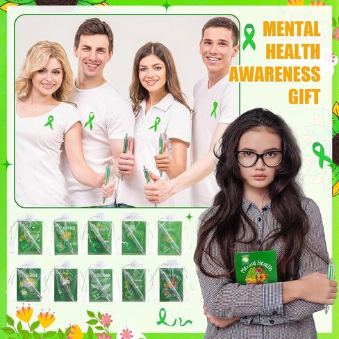 Eaasty 30 Sets Mental Health Awareness Month Gifts, 120 Pcs Green Ribbon Bulk Kit with Notebooks, Pens, Bookmarks & Bags for Employee Wellness, Community Events & Support Groups in Kuwait