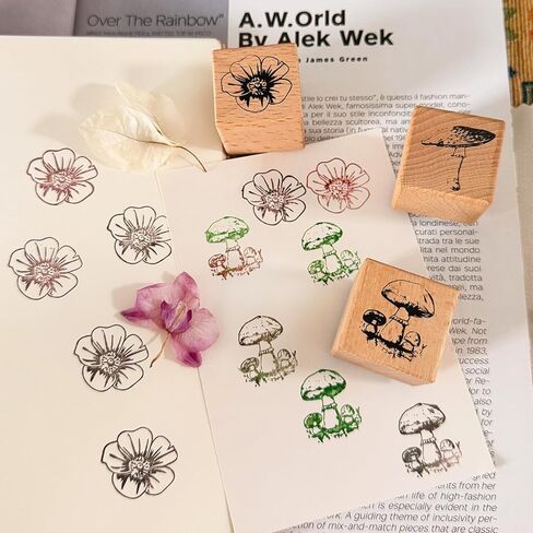 3Pcs Wooden Mounted Rubber Stamps, Mushrooms and Flower Decorative Retro Wood Rubber Stamp Set for Art and Craft Journals, DIY Card Making, Scrapbooking in Saudi Arabia