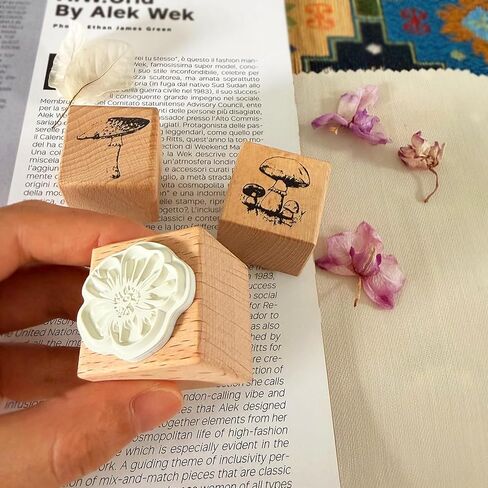 3Pcs Wooden Mounted Rubber Stamps, Mushrooms and Flower Decorative Retro Wood Rubber Stamp Set for Art and Craft Journals, DIY Card Making, Scrapbooking in Saudi Arabia