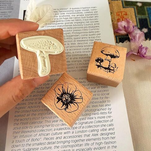 3Pcs Wooden Mounted Rubber Stamps, Mushrooms and Flower Decorative Retro Wood Rubber Stamp Set for Art and Craft Journals, DIY Card Making, Scrapbooking in Saudi Arabia