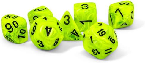 Bright Green Vortex Mega-Hedral Dice with Black Colored Numbers 20mm (25/32in) Set of 7 Chessex in Kuwait