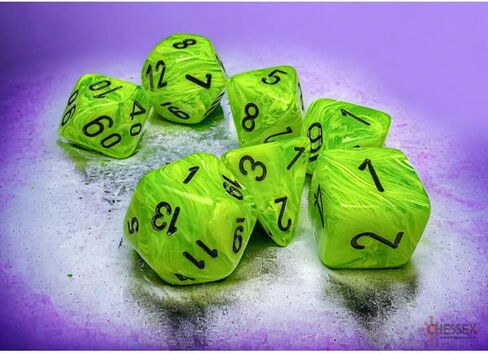 Bright Green Vortex Mega-Hedral Dice with Black Colored Numbers 20mm (25/32in) Set of 7 Chessex in Kuwait