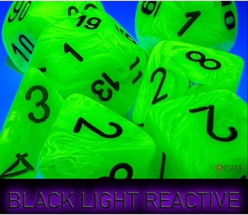 Bright Green Vortex Mega-Hedral Dice with Black Colored Numbers 20mm (25/32in) Set of 7 Chessex in Kuwait