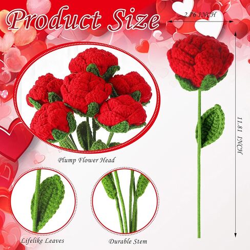 6 Pcs Valentine's Day Crochet Roses Handmade Artificial Knitted Red Rose Flowers Bouquet Crochet Rose for Valentine's Day Wedding Decor Anniversaries Celebrations Birthday Girlfriend Gift in Saudi Arabia