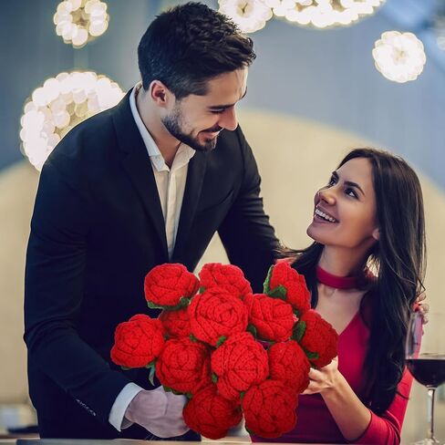 6 Pcs Valentine's Day Crochet Roses Handmade Artificial Knitted Red Rose Flowers Bouquet Crochet Rose for Valentine's Day Wedding Decor Anniversaries Celebrations Birthday Girlfriend Gift in Saudi Arabia