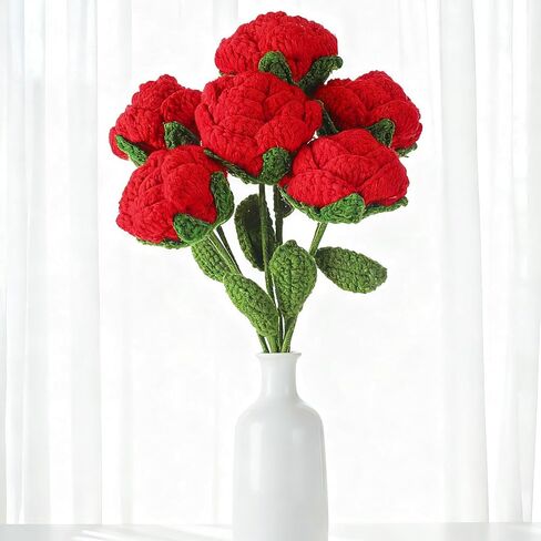 6 Pcs Valentine's Day Crochet Roses Handmade Artificial Knitted Red Rose Flowers Bouquet Crochet Rose for Valentine's Day Wedding Decor Anniversaries Celebrations Birthday Girlfriend Gift in Saudi Arabia