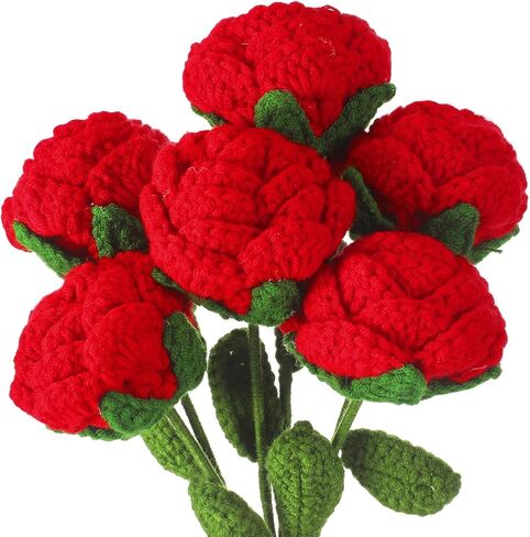6 Pcs Valentine's Day Crochet Roses Handmade Artificial Knitted Red Rose Flowers Bouquet Crochet Rose for Valentine's Day Wedding Decor Anniversaries Celebrations Birthday Girlfriend Gift in Saudi Arabia