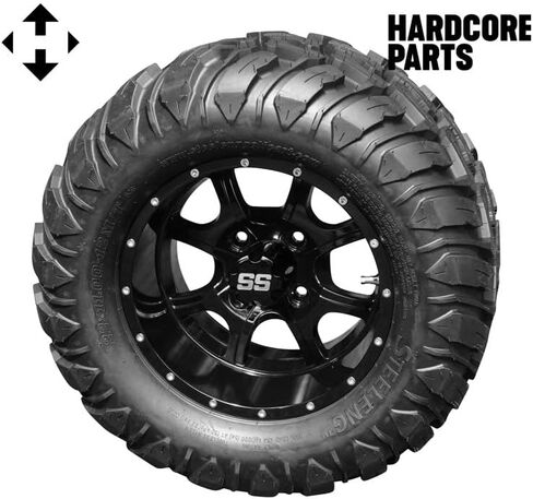 Hardcore Parts 6" Drop Axle Lift Kit for EZGO TXT/PDS (2001.5-2008) Gas Golf Cart with 12" Black 'Night Stalker' Wheels and 22"x11"-12" DOT rated Mud-Terrain/All-Terrain tires in Saudi Arabia