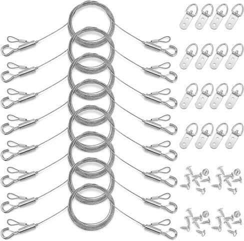 Picture Hanging Wire Kit 8PCS 6.56 Ft/1.5mm Adjustable Mirror Hanging kit Hang Wire 50lbs Adjustable Frame Wires Heavy Duty Stainless Steel Rope for Pictures Canva Painting Billboard in Kuwait