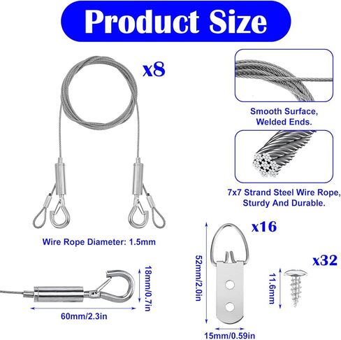 Picture Hanging Wire Kit 8PCS 6.56 Ft/1.5mm Adjustable Mirror Hanging kit Hang Wire 50lbs Adjustable Frame Wires Heavy Duty Stainless Steel Rope for Pictures Canva Painting Billboard in Kuwait