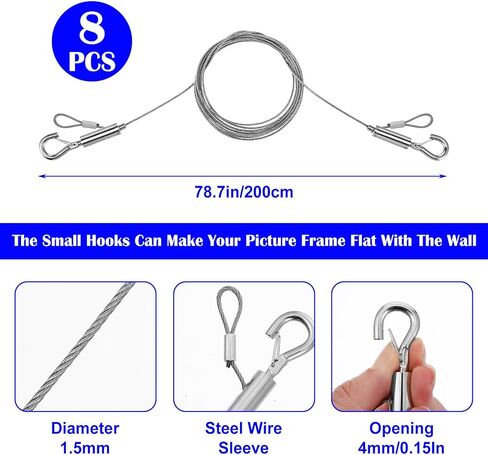 Picture Hanging Wire Kit 8PCS 6.56 Ft/1.5mm Adjustable Mirror Hanging kit Hang Wire 50lbs Adjustable Frame Wires Heavy Duty Stainless Steel Rope for Pictures Canva Painting Billboard in Kuwait