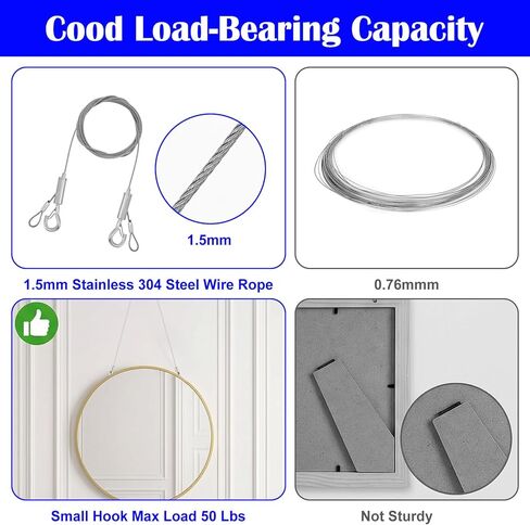 Picture Hanging Wire Kit 8PCS 6.56 Ft/1.5mm Adjustable Mirror Hanging kit Hang Wire 50lbs Adjustable Frame Wires Heavy Duty Stainless Steel Rope for Pictures Canva Painting Billboard in Kuwait