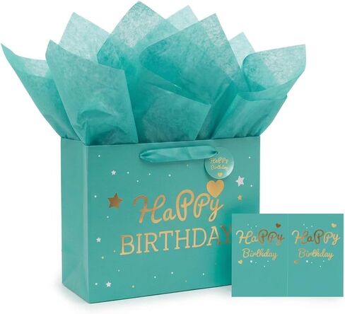 DOUBLESHOOT Birthday Gift Bag for Men with Tissue Paper and Card, Medium 13 x 10.2 x 4.9 Inch, Black with Gold Foil, Reusable Present Wrap for Him Dad Husband Son Boys in Saudi Arabia