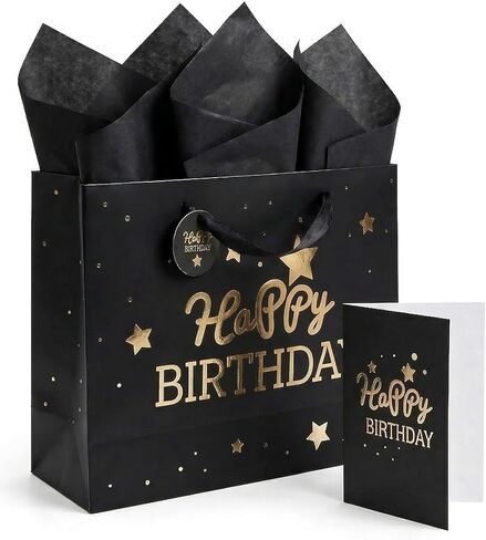 DOUBLESHOOT Birthday Gift Bag for Men with Tissue Paper and Card, Medium 13 x 10.2 x 4.9 Inch, Black with Gold Foil, Reusable Present Wrap for Him Dad Husband Son Boys in Saudi Arabia