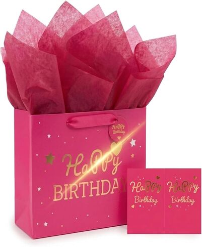 DOUBLESHOOT Birthday Gift Bag for Men with Tissue Paper and Card, Medium 13 x 10.2 x 4.9 Inch, Black with Gold Foil, Reusable Present Wrap for Him Dad Husband Son Boys in Saudi Arabia