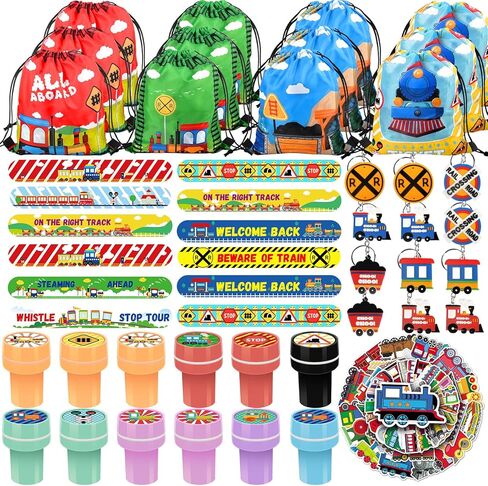 TOQI 98 Pcs Train Party Favors,Train Print Party Supplies Include Stickers Stamps Keychains Slap Bracelets and Drawstring Bags Party Decorations for Kids TrainTheme Birthday supplies (A-Train) in Saudi Arabia