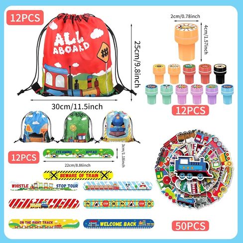 TOQI 98 Pcs Train Party Favors,Train Print Party Supplies Include Stickers Stamps Keychains Slap Bracelets and Drawstring Bags Party Decorations for Kids TrainTheme Birthday supplies (A-Train) in Saudi Arabia