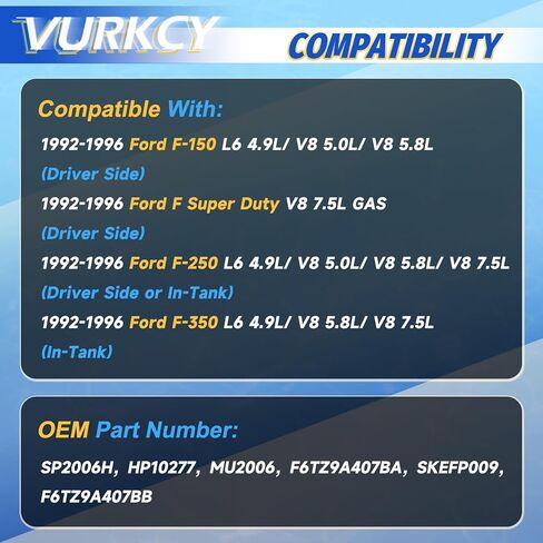 مجموعة وحدة مضخة الوقود الكهربائية Vurkcy مع وحدة إرسال متوافقة مع 92-96 Ford F150/ F-250/ F-350/ F Super Duty، L6 4.9L/ V8 5.0L 5.8L 7.5L، جانب السائق/مع خزان سعة 19 جالون/2 منافذ أنبوب فقط in Kuwait