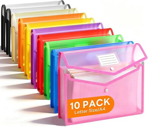 10 Pack Plastic Expanding File Folder, Transparent Folders for Documents with Snap Closure, Large Capacity, No Dividers, Fit Letter/A4 Size, 9 Colors for Tax, Office & Home School Organizer in Saudi Arabia