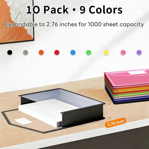 10 Pack Plastic Expanding File Folder, Transparent Folders for Documents with Snap Closure, Large Capacity, No Dividers, Fit Letter/A4 Size, 9 Colors for Tax, Office & Home School Organizer in Saudi Arabia