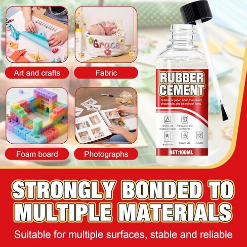 3.4 Oz Rubber Cement Glue with Brush, Rubber Glue, Rubber Cement, No Bubbles or Wrinkles, and No Yellowing, for Crafts, Paper, Fabric, Wood, Photos, DIY Crafts, and More in Saudi Arabia