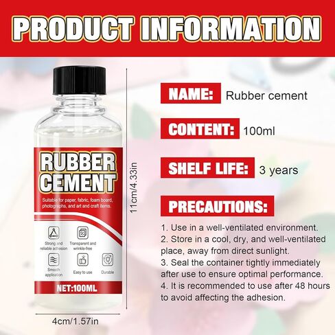 3.4 Oz Rubber Cement Glue with Brush, Rubber Glue, Rubber Cement, No Bubbles or Wrinkles, and No Yellowing, for Crafts, Paper, Fabric, Wood, Photos, DIY Crafts, and More in Saudi Arabia
