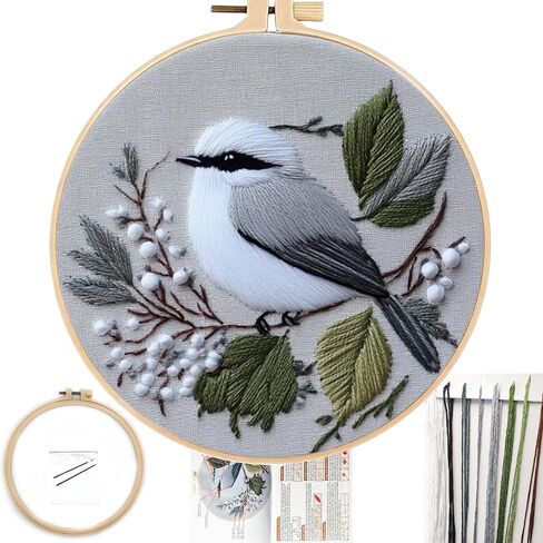 FONNUY Wild Birds Embroidery Kit, Pre-Stamped Green Tree Bird Patterns Kits for Adults and Beginners, Handmade DIY Crafts Set, Color Thread Needlework, 8'' Hoop (Chubby Little Bird) in Saudi Arabia