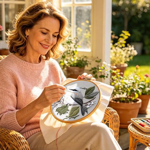 FONNUY Wild Birds Embroidery Kit, Pre-Stamped Green Tree Bird Patterns Kits for Adults and Beginners, Handmade DIY Crafts Set, Color Thread Needlework, 8'' Hoop (Chubby Little Bird) in Saudi Arabia