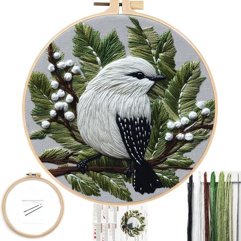 FONNUY Wild Birds Embroidery Kit, Pre-Stamped Green Tree Bird Patterns Kits for Adults and Beginners, Handmade DIY Crafts Set, Color Thread Needlework, 8'' Hoop (Chubby Little Bird) in Saudi Arabia