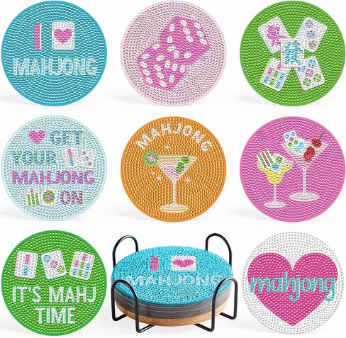 8Pcs Mahjong Diamond Painting Coaster DIY Diamond Art Coasters Kits with Holder Mahjong Drink Coasters DIY Coaster Art Crafts for Mah Jong Gift Table Game or Game Night Party Supplies Decoration in Kuwait