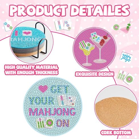 8Pcs Mahjong Diamond Painting Coaster DIY Diamond Art Coasters Kits with Holder Mahjong Drink Coasters DIY Coaster Art Crafts for Mah Jong Gift Table Game or Game Night Party Supplies Decoration in Kuwait