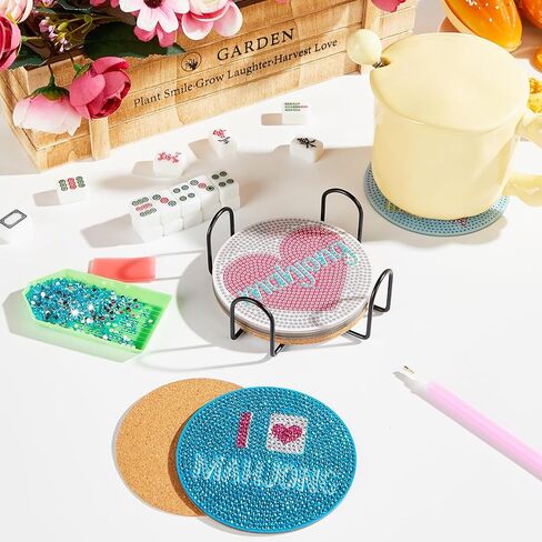 8Pcs Mahjong Diamond Painting Coaster DIY Diamond Art Coasters Kits with Holder Mahjong Drink Coasters DIY Coaster Art Crafts for Mah Jong Gift Table Game or Game Night Party Supplies Decoration in Kuwait