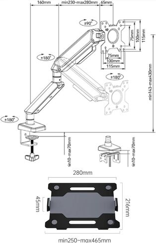 Listed TV Mount Laptop Mount with Adjustable Tray for 10-17"Notebook, Full Motion Gas Spring Mount Arm for 17-32"Monitor (Within 4.4~22.0lbs), C-Clamp and Grommet Base Motion TV Bracket(Black) in Saudi Arabia