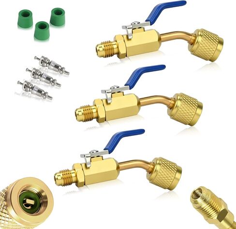 3-Piece A2L R32/R454B Ball Valve Adapter, 1/4" R32/R454B A2L Refrigerant LH Tanks to 1/4" RH Service Hose, Left-Hand Female to Right-Hand Male Flare Fittings, R32 R454B Refrigerant Adapter (45° × 3) in Saudi Arabia