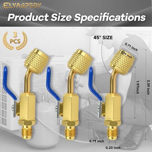 3-Piece A2L R32/R454B Ball Valve Adapter, 1/4" R32/R454B A2L Refrigerant LH Tanks to 1/4" RH Service Hose, Left-Hand Female to Right-Hand Male Flare Fittings, R32 R454B Refrigerant Adapter (45° × 3) in Saudi Arabia