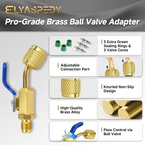 3-Piece A2L R32/R454B Ball Valve Adapter, 1/4" R32/R454B A2L Refrigerant LH Tanks to 1/4" RH Service Hose, Left-Hand Female to Right-Hand Male Flare Fittings, R32 R454B Refrigerant Adapter (45° × 3) in Saudi Arabia