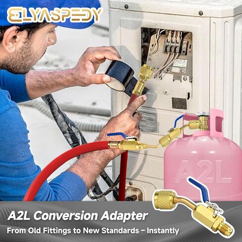 3-Piece A2L R32/R454B Ball Valve Adapter, 1/4" R32/R454B A2L Refrigerant LH Tanks to 1/4" RH Service Hose, Left-Hand Female to Right-Hand Male Flare Fittings, R32 R454B Refrigerant Adapter (45° × 3) in Saudi Arabia