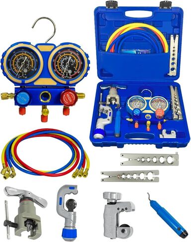 HVAC & Auto AC Manifold Gauge and Flaring Tool Kit - 3 Way Gauge Set for R22 R134A R410A R32 with Flaring Tool, Tube Cutter, Deburrer for Copper Aluminum Pipes, Car Air Conditioner Repair in Saudi Arabia