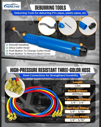 HVAC & Auto AC Manifold Gauge and Flaring Tool Kit - 3 Way Gauge Set for R22 R134A R410A R32 with Flaring Tool, Tube Cutter, Deburrer for Copper Aluminum Pipes, Car Air Conditioner Repair in Saudi Arabia