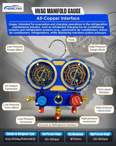 HVAC & Auto AC Manifold Gauge and Flaring Tool Kit - 3 Way Gauge Set for R22 R134A R410A R32 with Flaring Tool, Tube Cutter, Deburrer for Copper Aluminum Pipes, Car Air Conditioner Repair in Saudi Arabia
