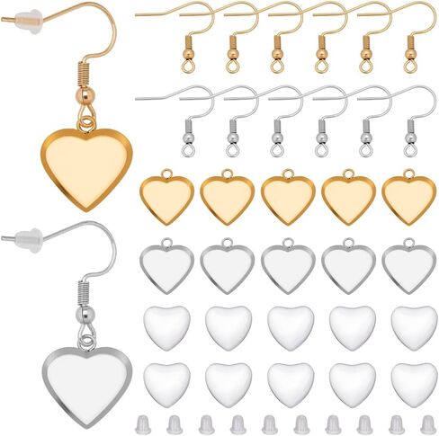 1 Box 80Pcs Real 18K Gold Plated Cabochon Earring Blanks Heart Stainless Steel Bezel Earrings with Glass Cabochons Silver Ear Wire Hook Bezel Tray Blank for Jewelry Making Supplies DIY Dangle in Kuwait