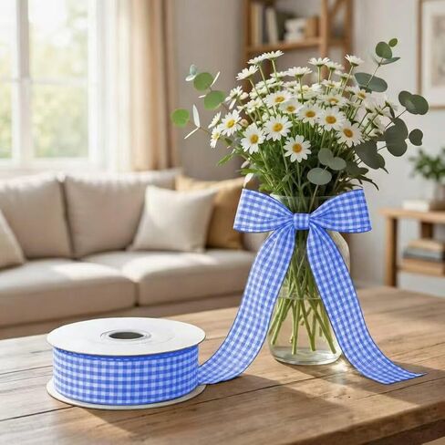 Gingham Ribbon1-Inch Checkered Ribbon Wide Taffeta Plaid Ribbon 25 Yard Roll Assorted Spring Easter Plaid Ribbon for Crafts Gift Wrapping (Blue) in Saudi Arabia