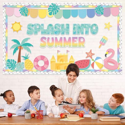 Summer Bulletin Board Decorations Set Splash into Summer Classroom Decor May June Hawaiian Tropical Flamingo Palm Leaf Paper Cutouts with Border for Back to School Office Wall Door Teacher Supplies in Saudi Arabia